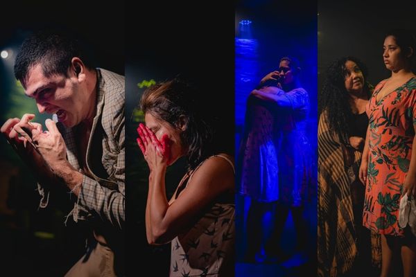 Atores em cena, durante espetáculos realizados pela companhia de teatro