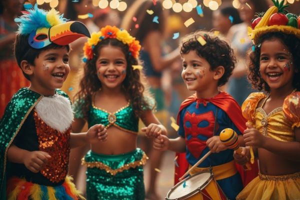 São quatro crianças fantasiadas, dançando, no ritmo do carnaval, e caindo confetes