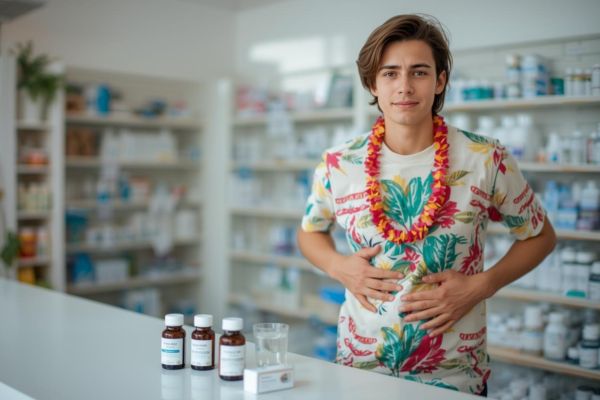 Um rapaz vestido de roupa colorida e com um colar de carnaval, segurando seu abdomem, com dor. Remédios estão no blacão à sua frente