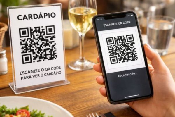 Cardápio em formato de Qr code e um celular fazendo a leitura