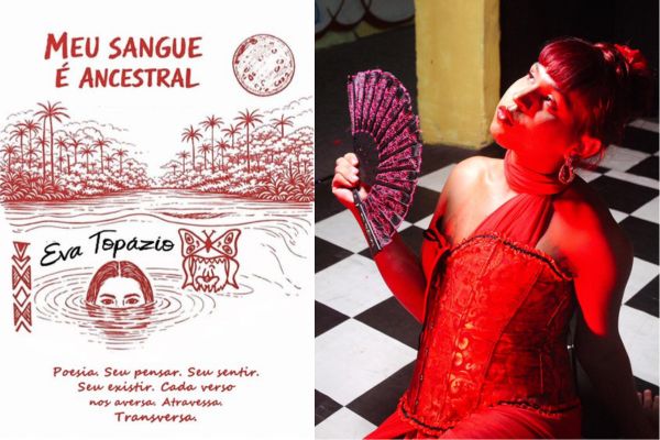 Composição formada pela Capa do Fanzine e foto de Eva Topázio de vestido e leque vermelho