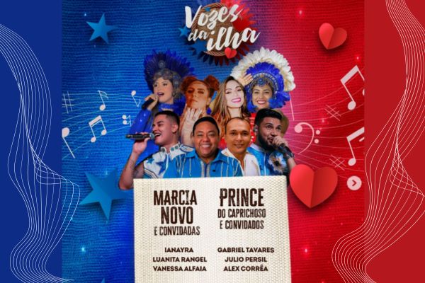 Card apresentando os cantores do evento, de um lado o tom azulado e de outro avermelhado apra marca um evento do Festival de Parintins