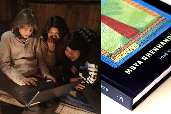 Parte da capa do livro e pessoas assistindo algo no laptop